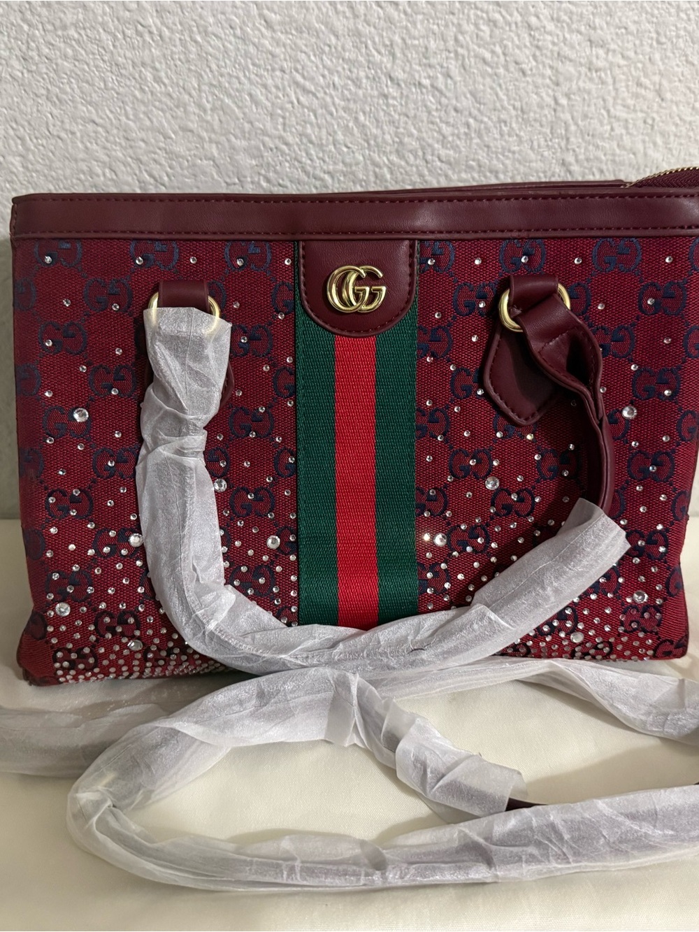 Gucci Burgundy GG Crystal-Studded Canvas Tote with Web StripeNEW